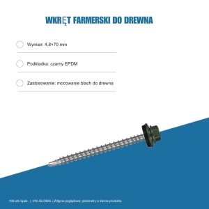 Wkręty farmerskie do blachy 4,8x70 mm do drewna – 100 szt., kolor do wyboru